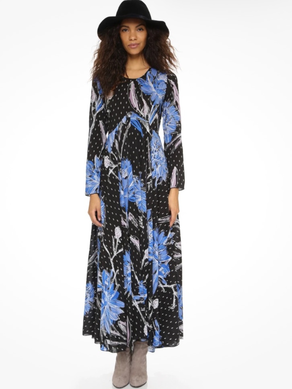 Beautiful Free People Black Floral Maxi dress  with Blue Blooms